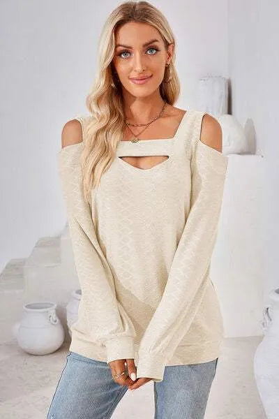 Cutout Square Neck Cold Shoulder T-Shirt Cream Women's T-Shirts - Tophatter Daily Deals
